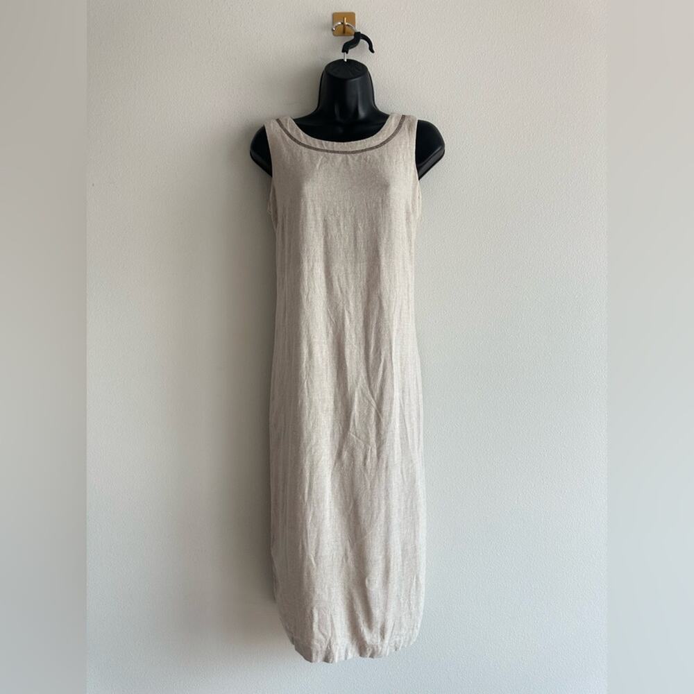 Vintage 90s Linen Blend Sleeveless Midi Dress Beige Tan 90s Minimalist Size 6P